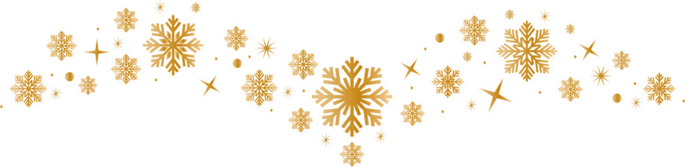 Snowflakes border in wave shape.Golden snowflakes with stars border.Golden snowflakes wave vector.Christmas decoration. - obrazy, fototapety, plakaty