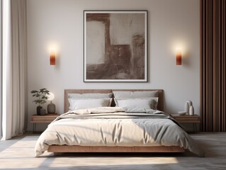 A bedroom with a bed and a picture on the wall. Generative AI.