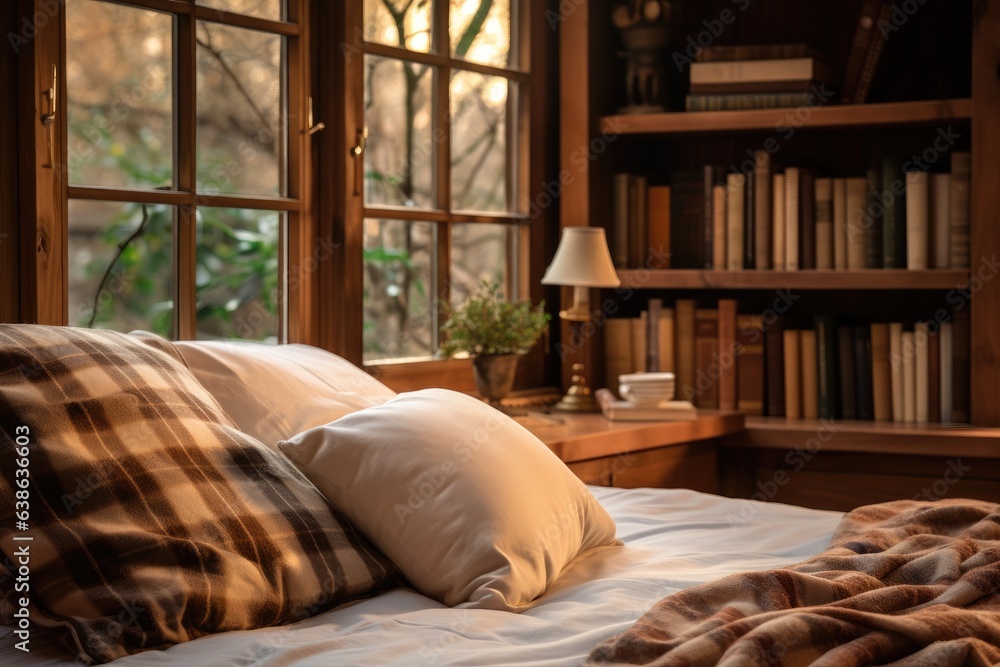Poster a bed with pillows and a blanket in front of a window. generative ai.