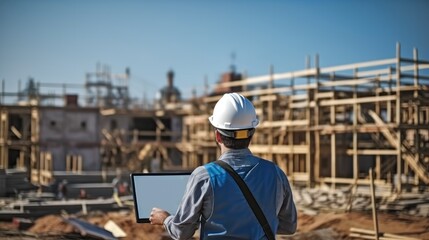 Project construction engineer are working in a construction site, Rear view.