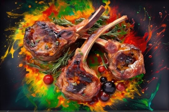 Abstract art. Colorful painting art of an exquisite plate with steak