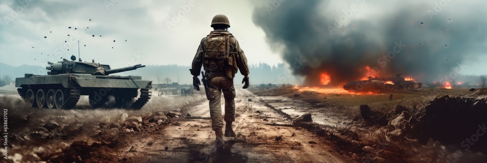 Wall mural Special forces soldiers crosses destroyed war zone through fire and smoke in the desert with explosions, Tactical war.