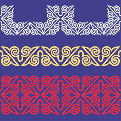 Set of 3 seamless border with motifs of Kazakh, Kyrgyz, Uzbek, national Asian decor for holiday cards, wedding invitations, web page, banner, flyer, textile and print design. Vector illustration.