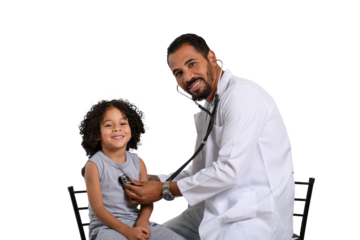  a doctor examines a child with a stethoscope, the doctor looks at the child and smiles the child looks at the camera.