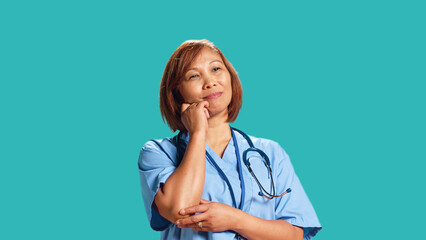 Knowleadgeable nurse offering discouraging criticism to patient inquiry. Baffled healthcare expert...