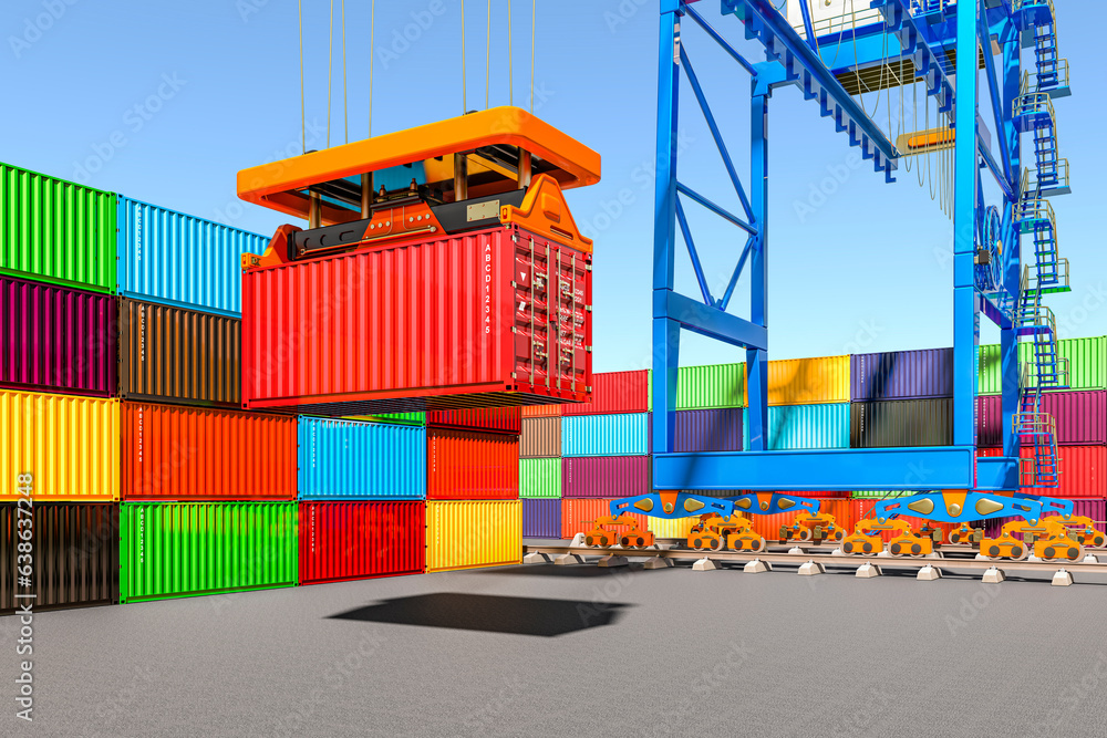 Poster container crane with cargo container in container terminal, 3d rendering