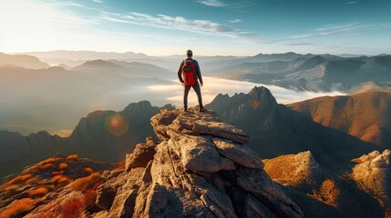 Man hiking at sunset mountains with heavy backpack. Golden hour time for photo
