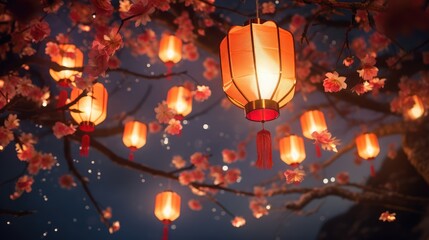 Obraz na płótnie Canvas Japanese lanterns. Beautiful cherry blossom. AI generated.