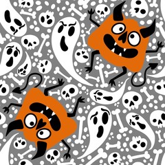 Fototapeta premium Halloween monsters seamless pumpkins and ghost and bones pattern for wrapping paper and fabrics and linens