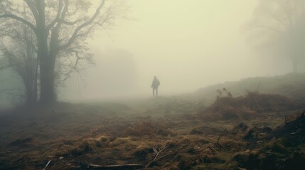 Beautiful misty landscape. Human silhouette. AI generated.