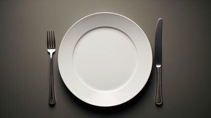 Plate fork and knife on grey background. AI generated.