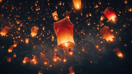 Fototapeta na wymiar Group of bright paper lanterns. AI generated.