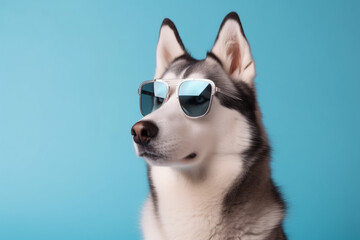 Siberian Husky dog wearing sunglasses on a blue background