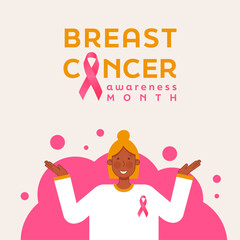 Breast cancer awareness month banner , happy woman with pink ribbon, vector illustration