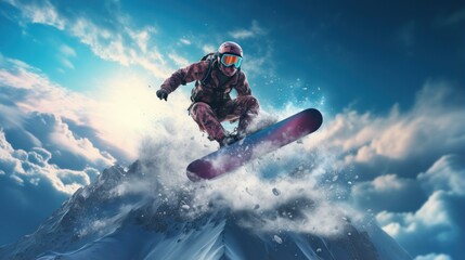 Obraz na płótnie Canvas Snowboarder on the slope with blue sky on background