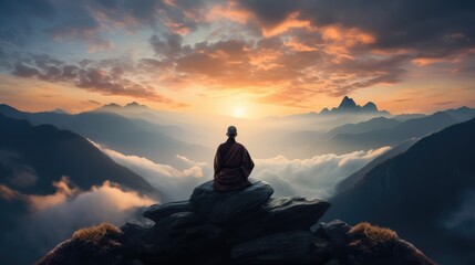 Monk in meditation on beautiful sunset background. AI generated.