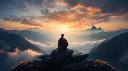 Foto op Canvas Monk in meditation on beautiful sunset background. AI generated. © Viktor