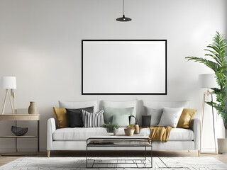 Large Canvas Wall Art Mockup, Contemporary Living Room, Neutral colors, Sofa with Pillows, Interior Design, Generative AI