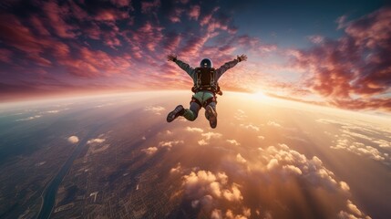 Falling skydiver on sunset background. AI generated.