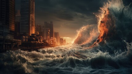 Huge wave washes away the skyscrapers. Tsunami. AI generated. - obrazy, fototapety, plakaty