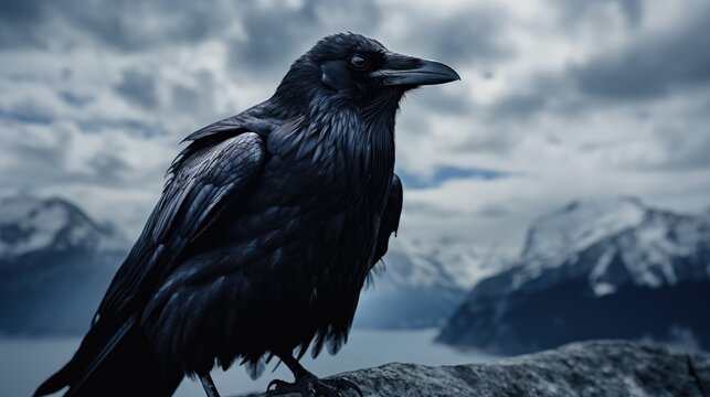 Black raven on mountain background. AI generated.