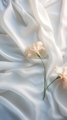 carnation on spotless white draped with a soft white cloth. Still life photography and minimalist composition