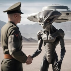 Alien estrechando la mano de un militar terrestre con un ovni flotando de fondo  - obrazy, fototapety, plakaty