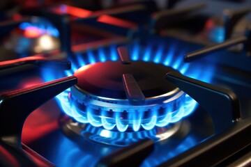 Burning gas burners for a gas stove with a blue flame close-up.stove with stainless steel with cast iron grate.Natural resources
