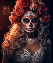 Beautiful Woman in Calavera Sugar Skull Makeup for Day of the Dead - Dia De Los Muertos - Generative AI
