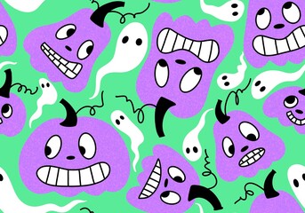 Cartoon retro seamless Halloween pumpkins pattern for kids clothes print and wrapping paper and fashion textile