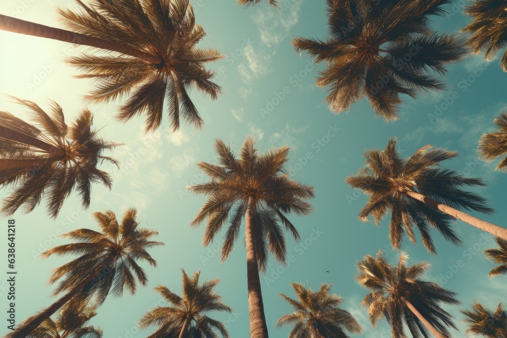 Poster a view of palm trees from below generative ai