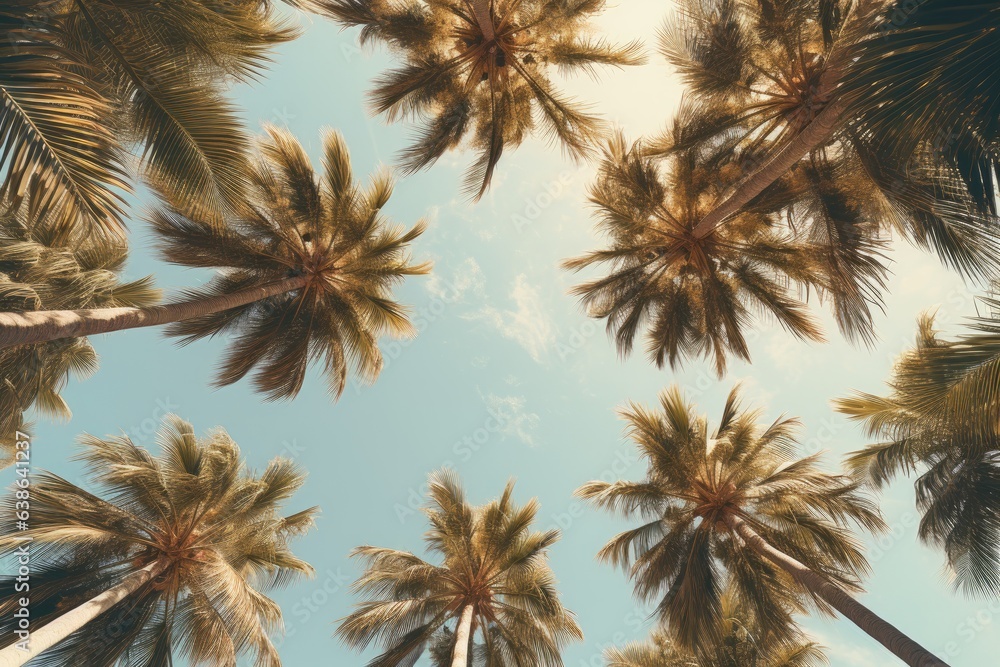 Poster a view of palm trees from below generative ai