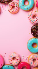 Fototapeta na wymiar Donuts themed background in portrait mode with copy space - stock picture backdrop