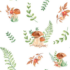 Seamless watercolor pattern with porcini mushrooms, fern, green branches and red flower. Botanical summer hand drawn illustration. Can be used for gift wrapping paper, kitchen textile and fabric