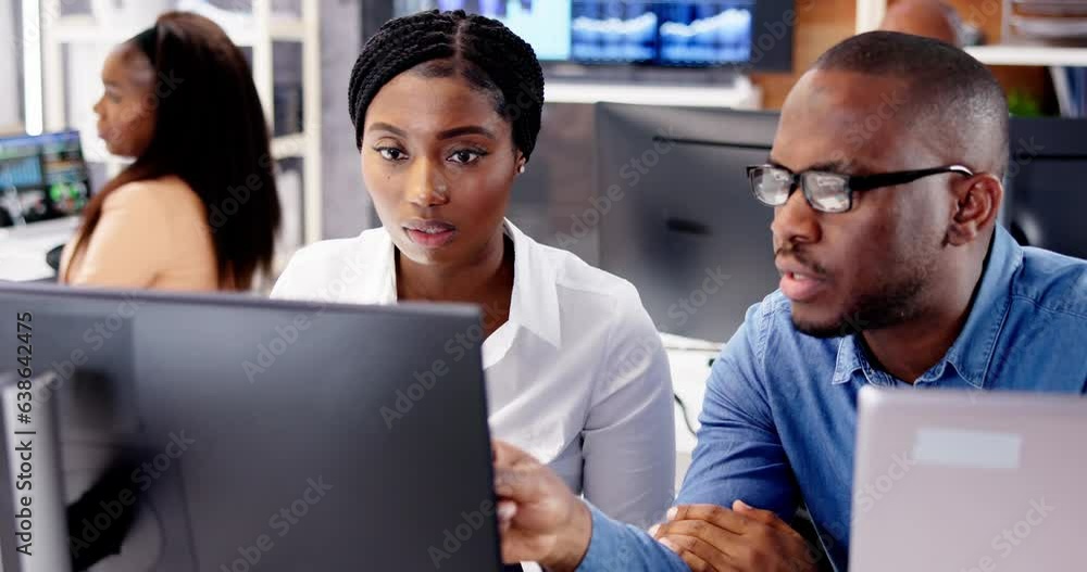 Poster african financial data analysts using dashboard on screens