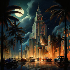 An imposing background with an enormous skycraper surrounded by skycrapers in the city in front of a reflective geometrical steet with vintage cars, retro-1920's architecture style, art-deco.