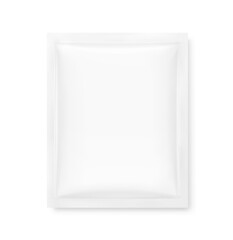 Hyper realistic sachet mockup with drop shadow. Vector illustration isolated on white background. Flat lay view. Packaging for cosmetic, food, pet. Ready for your design. EPS10.