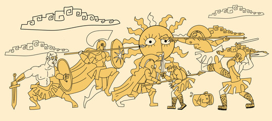 Guerreiros romanos lutando pintura vaso ornamental guerra sol Roma Antiga vintage ilustra&ccedil;&atilde;o