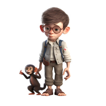 3D Render of a Little Boy with a Monkey on White Background