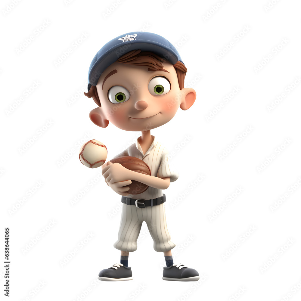 Wall mural 3d render of little baseball player with a ball on white background