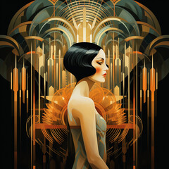 Brunette model with white skin, short black hair posing in style in front of a geometric glamourous background with colourful golden orange abstract shapes and formss