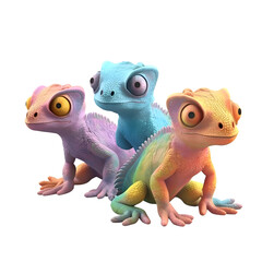 Three little chameleon on a white background. 3D rendering