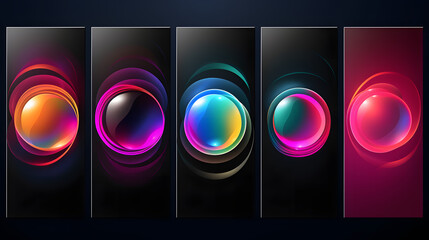 Poster collection with abstract colorful gradient sphere. Glowing vibrant liquid gradient shape on dark background. Design template for flyer, social media, banner, placard. 

