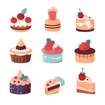 Set of different cakes with berries. Vector illustration in cartoon style.