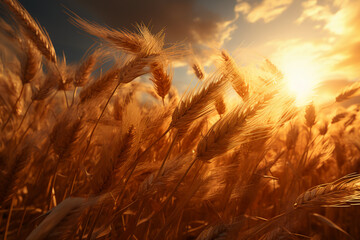 A golden wheat field, rice swaying in the wind, paramount light, Surrealism. AI generative