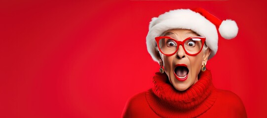 Surprised Mature Woman with Christmas Santa's Hat on a Red Background with Space for Copy	