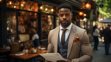 Fototapeta premium Portrait of a handsome african american man in a suit with a folder in his hands standing in a cafe