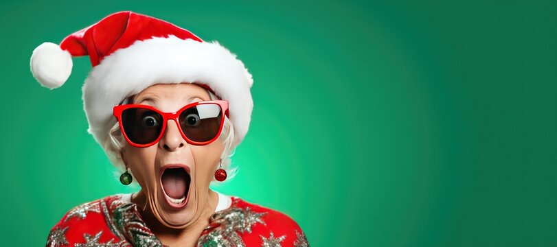 Surprised Mature Woman with Christmas Santa's Hat and Glasses on an Green Background with Space for Copy	