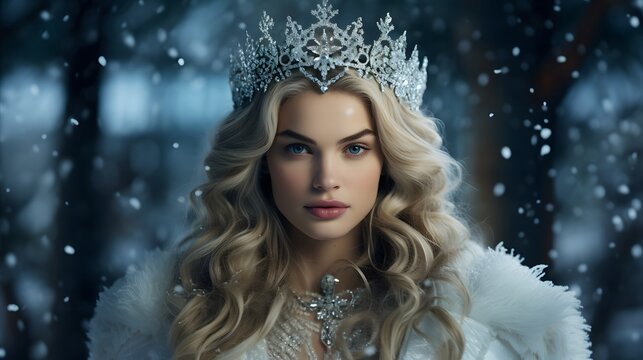 Snow queen with crown. Snow queen in a winter forest. Beautiful queen of winter.