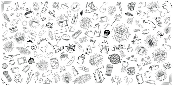 Set of restaurant doodles - food and drinks - on white background - vector illustration